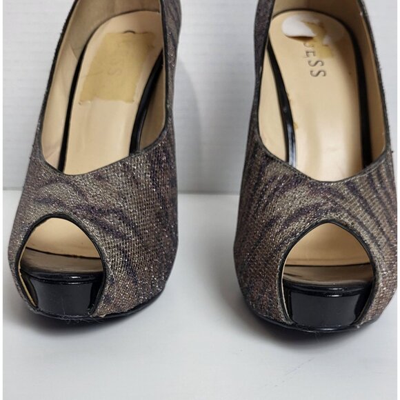 Guess Womens Glitter Peep Toe Metallic Animal Print Stiletto Heels Size 9M - Picture 3 of 13